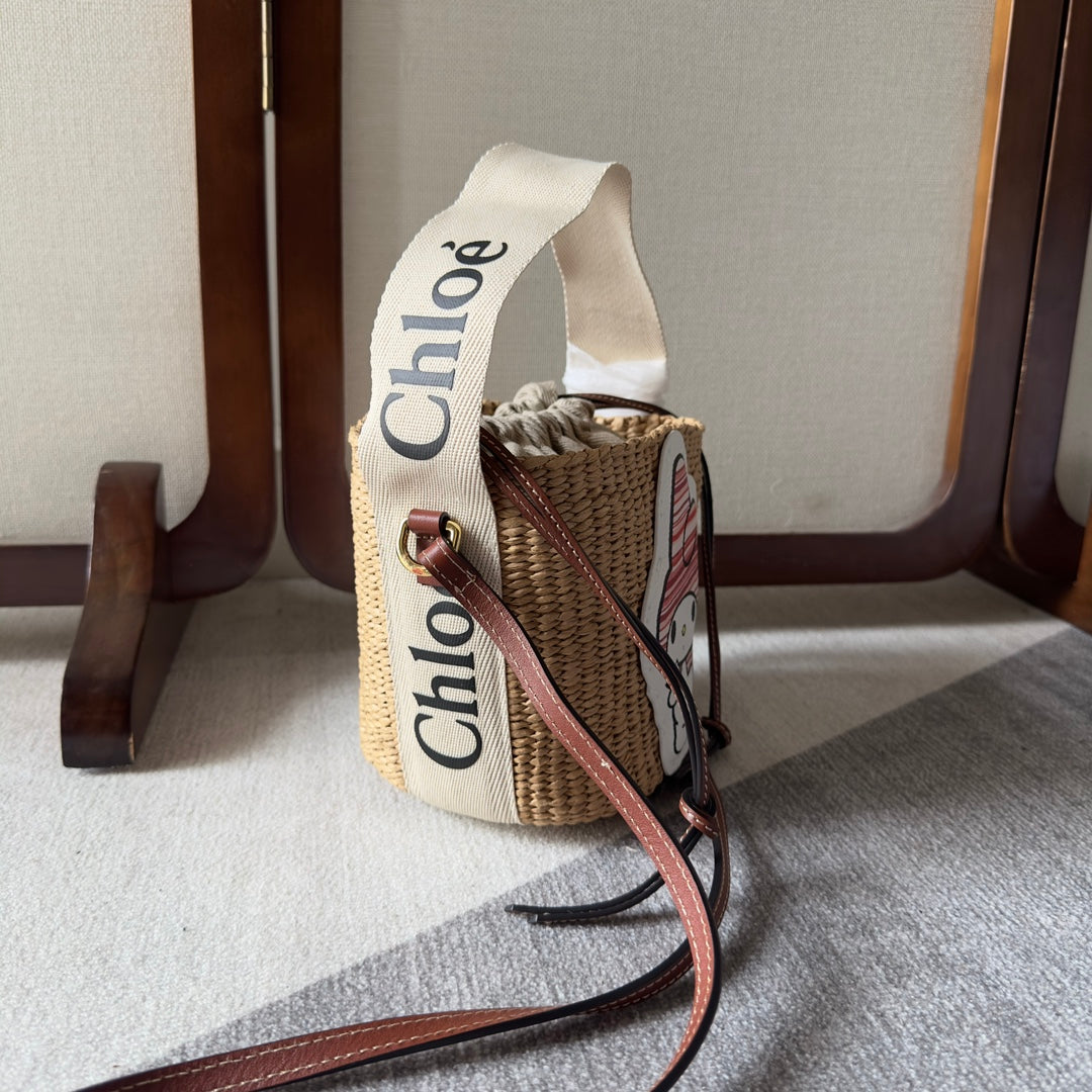 MY MELODY SMALL WOODY BASKET 17 IN NATURAL FIBERS BEIGE WEBBING BROWN CALFSKIN